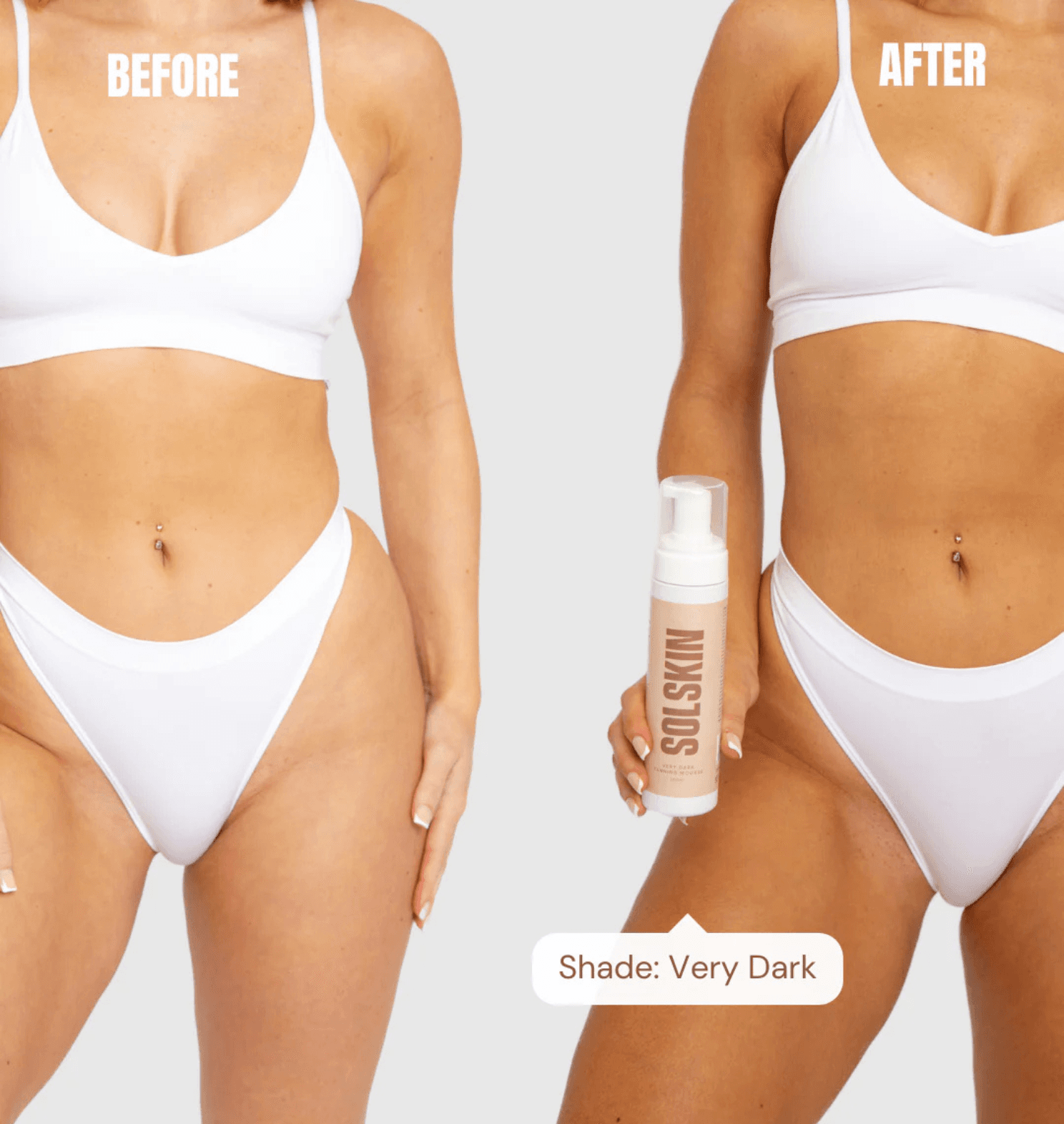 Tan Mousse before and after — shade Very Dark