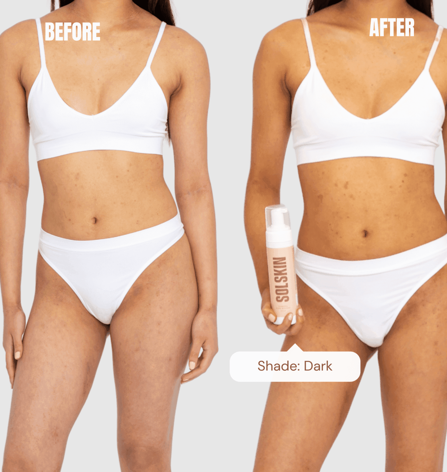 Tan Mousse before and after — shade Dark